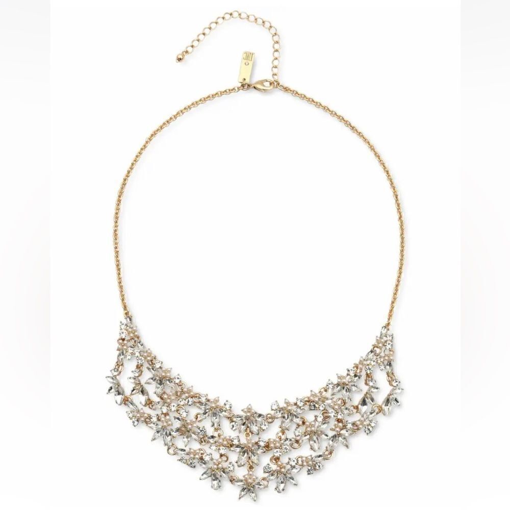 Inc Gold-Tone Crystal & Imitation Pearl Flower Statement Drama Necklace New